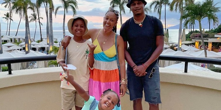 Tia Mowry is pictured with her husband, Cory Hardrict, their son, Cree, and their daughter, Cairo.