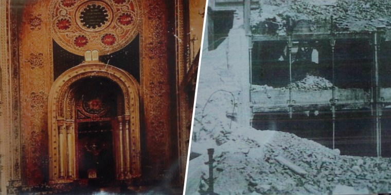 Zimbler watched the destruction of the largest synagogue in Vienna from her apartment at just 10 years old on November 10, 1938 during Kristallnacht. Pictured is the synagogue before and after the fire.