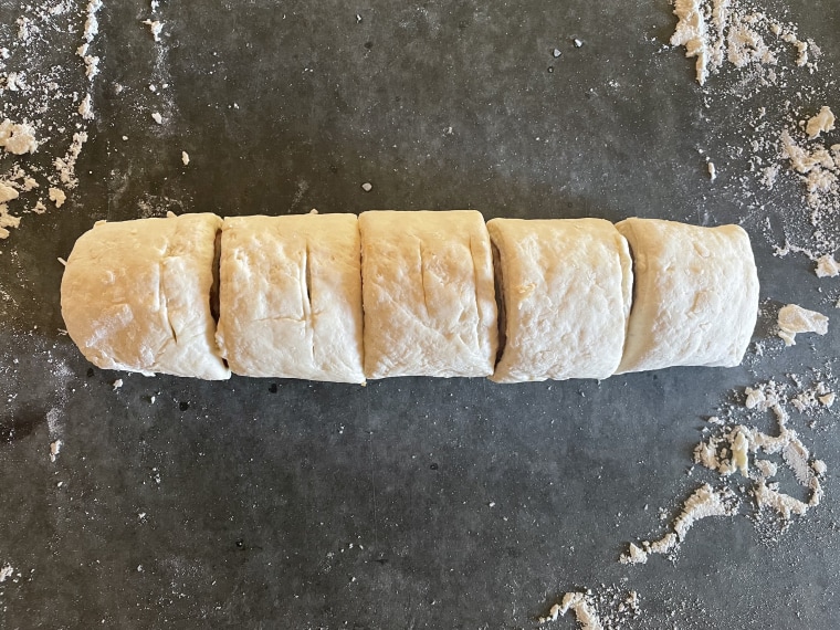 Scoring the dough is harder on the thin roll, so just be sure to not cut too deeply to keep the mini rolls intact. 