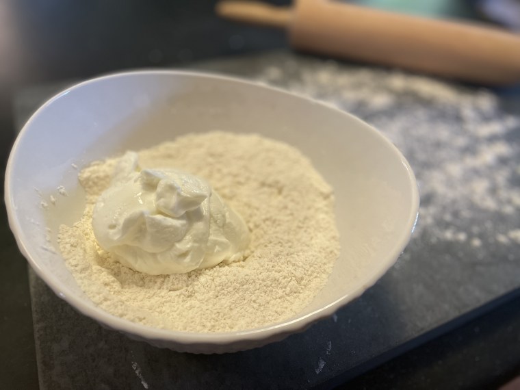 A little Greek yogurt helps bind the flour for a delicious, dense dough.