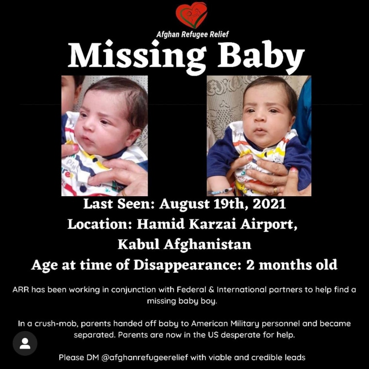 Image: An Afghan refugee support group created a "Missing Baby" sign with Sohail's picture on it and are circulating it among their networks in the hopes that someone will recognize him.