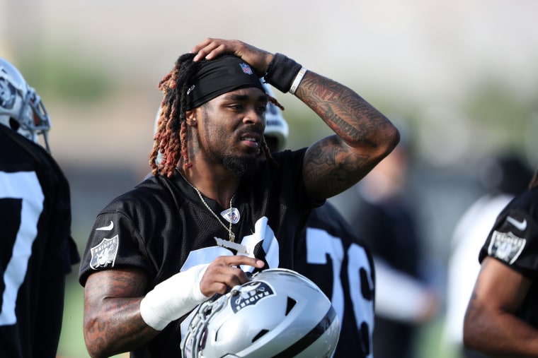 Damon Arnette #20 of the Las Vegas Raiders attends a training camp on July 28, 2021, in Henderson, Nev.