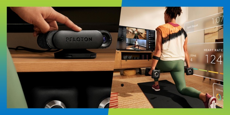 Split image of Woman working out in her home using the new Peloton Guide workout. Peloton fans have a new product to look forward to in 2021 with the Peloton Guide camera system, a $495 system that tracks strength training body movement.