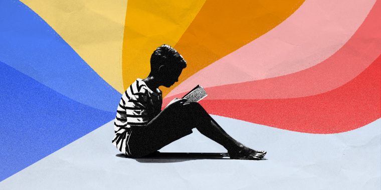 Photo illustration: A child reading a book as a spectrum of colors come out of the book.