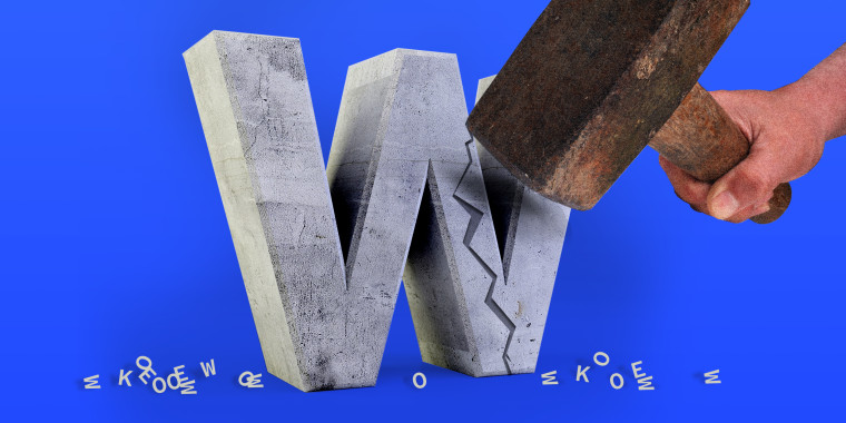 Photo illustration: A hand holding a sledgehammer over a concrete W shaped block with a crack in it. Letters including \"w\",\"o\",\"k\" and \"e\" are strewn on the floor.