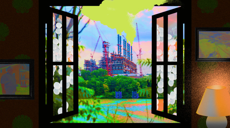 Illustration of a plastics pollution plant spewing toxic fumes as seen through the window of a home.