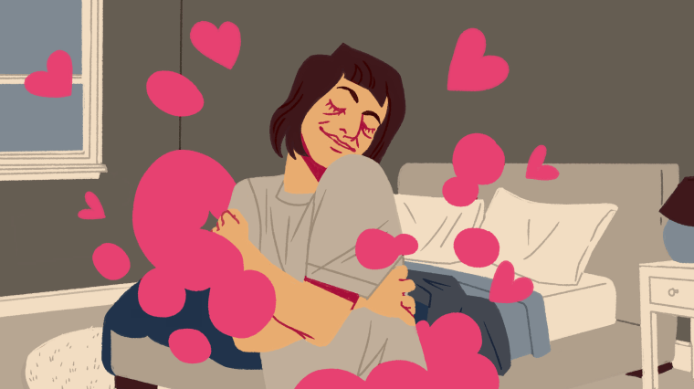 Illustration of woman hugging herself with hearts surrounding her. There is a bed in the background.