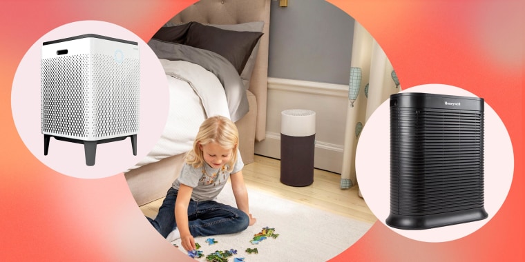 Illustration of a child playing in their room with a Blue Pure 411 Air Purifier, a Coway AirMega 400S, and a Honeywell True HEPA Allergen Remover