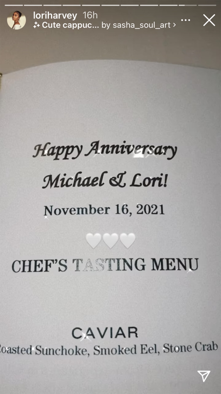 Lori Harvey shared a photo of a special menu designed for the couple's anniversary dinner.