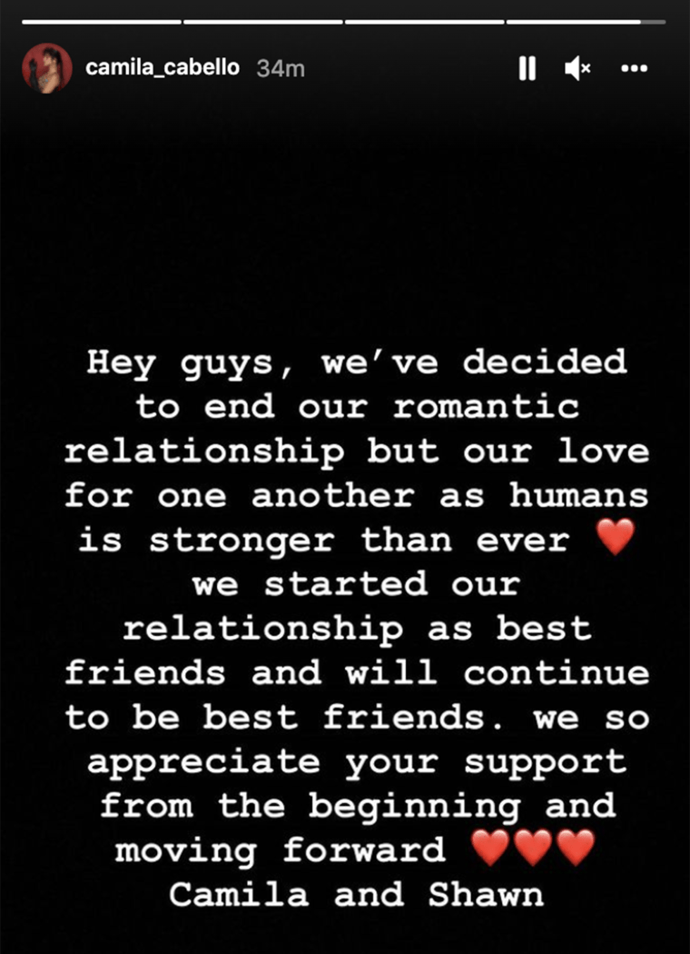 Both Cabello and Mendes shared the same statement from their Instagram accounts on Nov. 17, 2021.