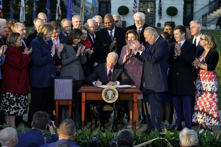 Image: President Joe Biden signs the "Infrastructure Investment and Jobs Act" during an event on the South Lawn of the White House on Nov. 15, 2021.
