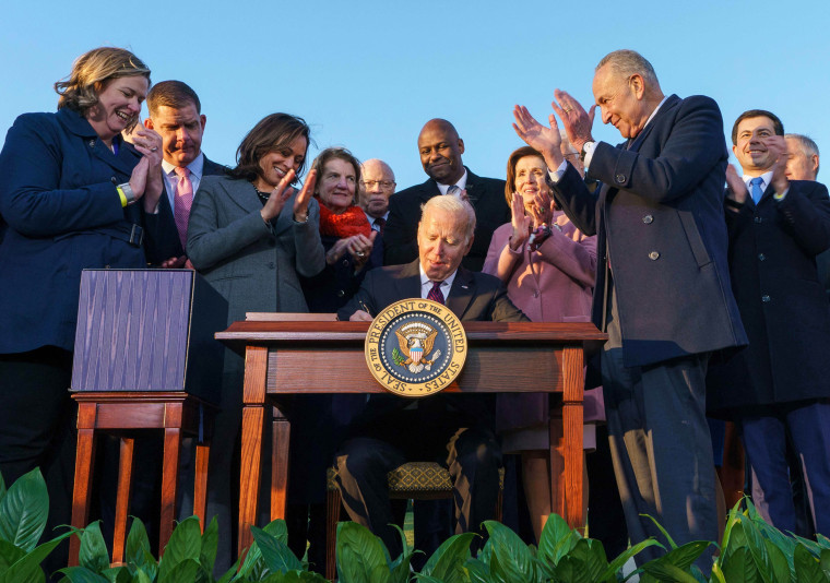 President Joe Biden, flanked by Vice President Kamala Harris, takes part in a signing ceremony for H.R. 3684, the Infrastructure Investment and Jobs Act on the South Lawn of the White House on Nov. 15, 2021.