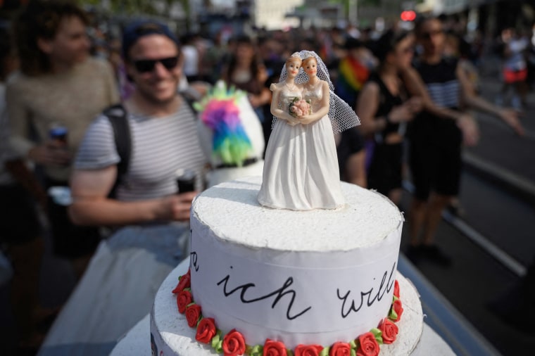 A wedding cake displayed during the Zurich Pride parade on Sept. 4, 202, ahead of a nationwide vote on same-sex marriage.