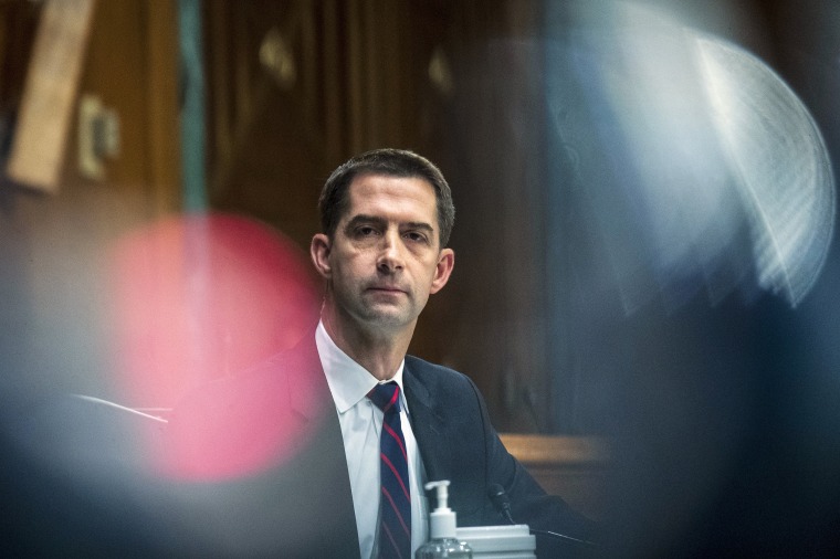 Image: Sen. Tom Cotton, R-Ark., listens during a Senate Judiciary Committee hearing examining the Department of Justice on Capitol Hill on Oct. 27, 2021.