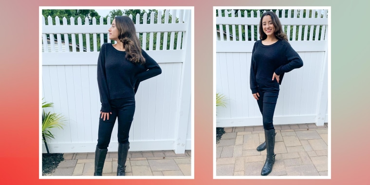 Two images of Jillan Ortiz wearing the Levi Strauss & Co Totally Shaping Pull-on Skinny Jeans in black
