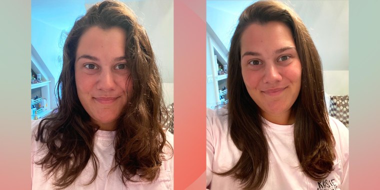 Before and after images of Writer Camryn La Sala after using the Revlon One-Step Hair Dryer and Volumizer