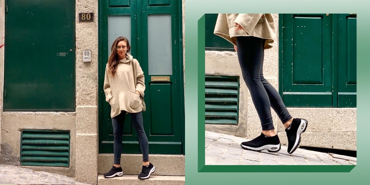 Two images of Writer Katie Jackson outside walking, wearing the Women's Mesh Slip-On Walking Shoes Sock Sneakers from Amazon