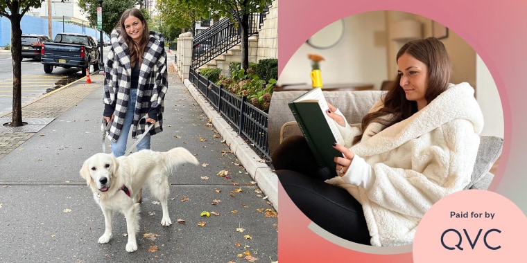 Two images of Writer Francesca Cocchi wearing the Sherpa jacket from QVC