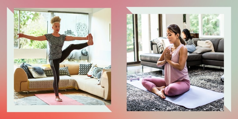 Split image of Senior woman standing in balance yoga pose and a Mother doing yoga at home surrounded by children