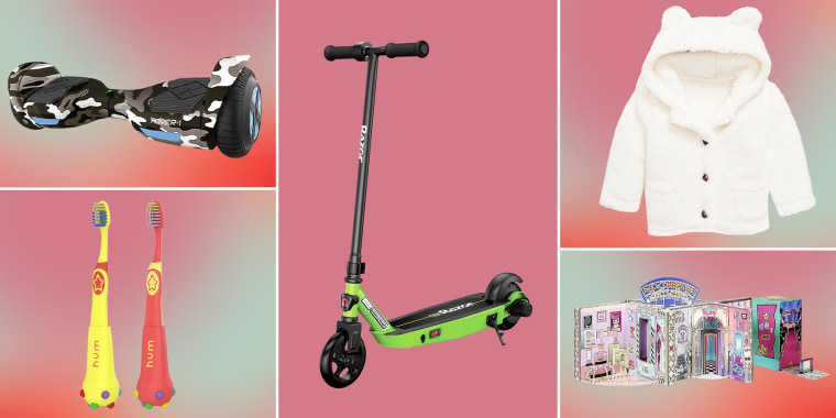 Illustration of Razor electric scooter, a Hoverboard, LOL Surprise Set, this precious little coat, and two Hum Toothbrushes on sale for Kids this Black Friday