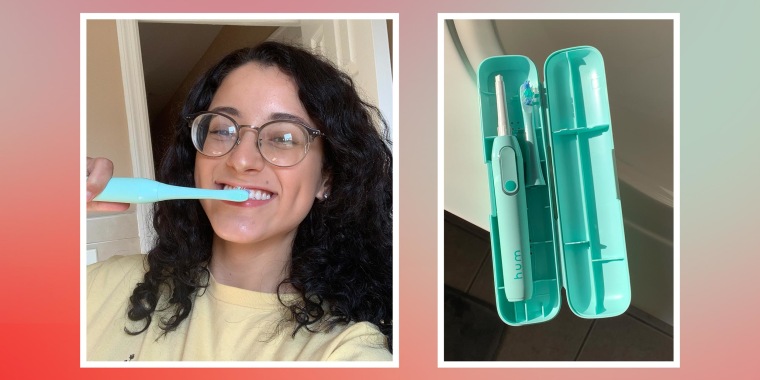 Two images of Writer Jillian Ortiz using the hum by Colgate Smart Electric Toothbrush Kit