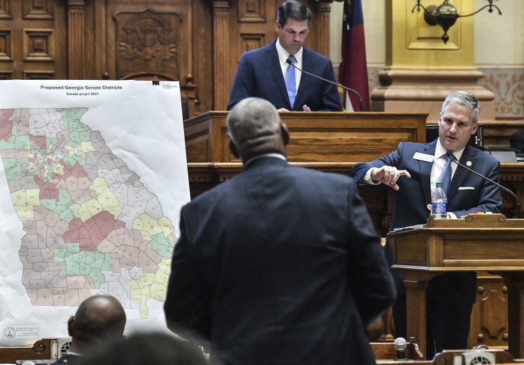 Image: Sen. John Kennedy (R-18, Macon) answers a question from Emanuel Jones (D-10, Decatur), in the Senate Chambers during a special session at the Georgia State Capitol in Atlanta on Nov. 9, 2021.
