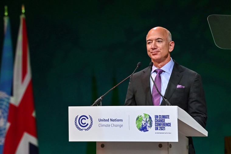 Image: CEO of Amazon Jeff Bezos delivers his message during a session on Action on Forests and Land Use, during the UN Climate Change Conference COP26 in Glasgow, Scotland on Nov. 2, 2021.
