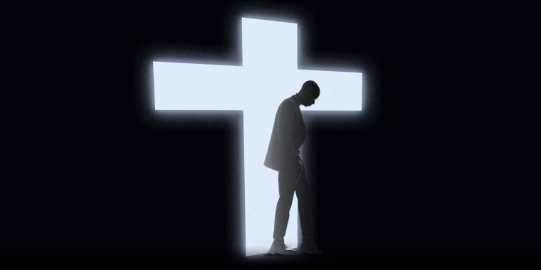 Illustration of a Black man walking away from a glowing cross.