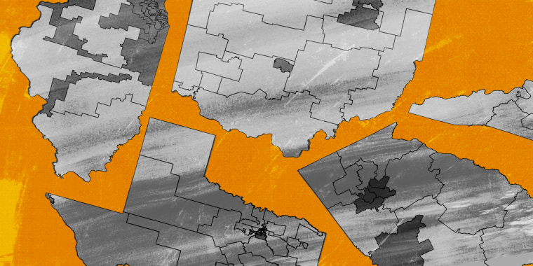 Illustration: Parts of the redistricted maps of Illinois, Ohio, North Carolina, Georgia and Texas.