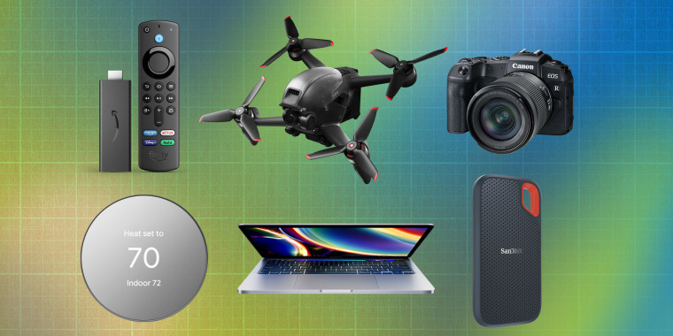 Illustration of Amazon Fire TV Stick 4K Max Streaming Device, Apple Macbook Pro 13-Inch Laptop, SanDisk 4TB Extreme Portable External Solid State Drive, Google Nest Smart Thermostat, Canon EOS RP Full-Frame and a DJI FPV Drone Combo