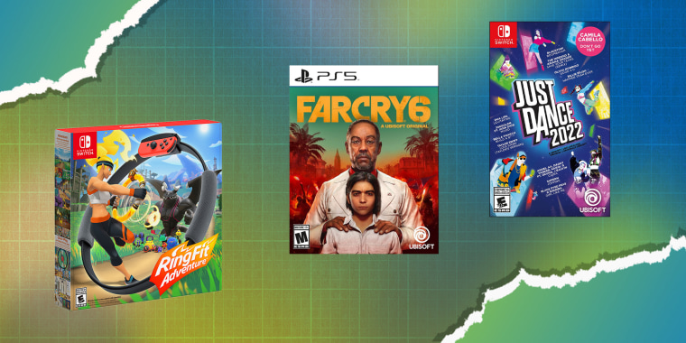 Illustration of Ring Fit Adventure, Far Cry 6, and Just Dance 2022
