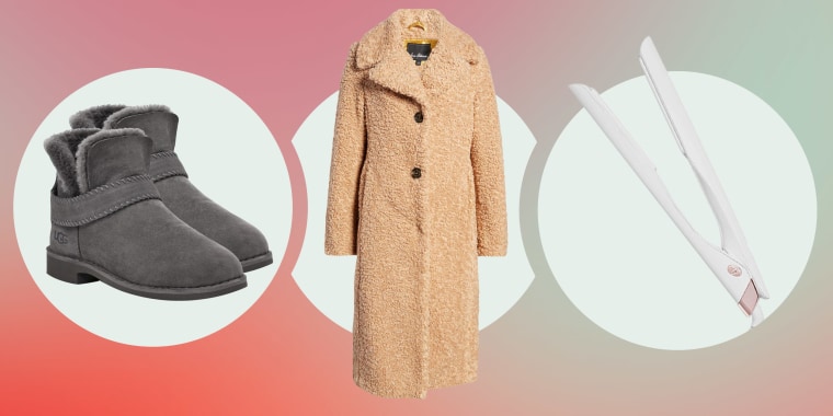Illustration of the UGG(R) McKay Water Resistant Booties in gray,  Teddy Bear Long Coat and the Lucea 1-inch Styling Iron