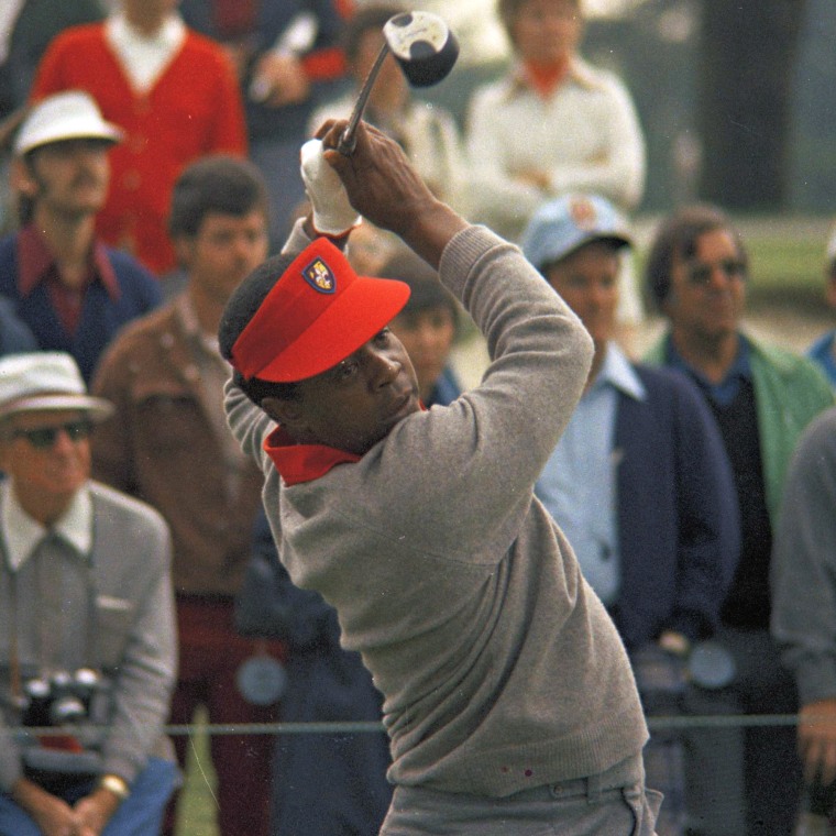 Lee Elder participates in the Masters Tournament at Augusta, Ga., May 9, 1975. Elder broke down racial barriers as the first Black golfer to play in the Masters and paved the way for Tiger Woods and others to follow.