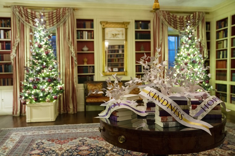 The Vermeil Room of the White House is decorated for the holidays during a press preview of the White House holiday decorations, Monday, Nov. 29, 2021, in Washington. 