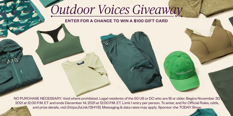 Giveaway art with a lifestyle image of different clothing items from Outdoor Voices
