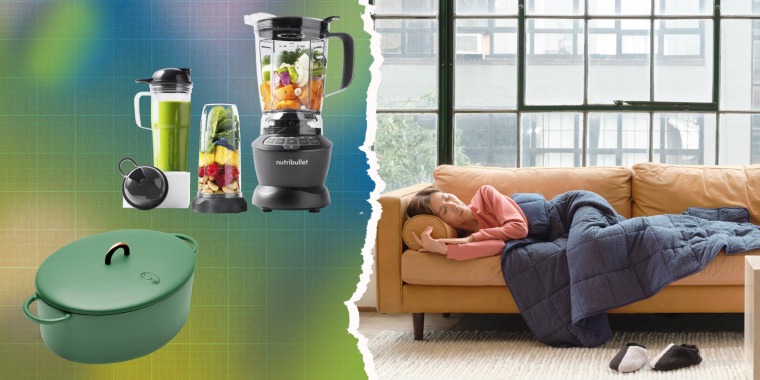 Illustration of the NutriBullet ZNBF30500Z Blender Combo, the The Dutchess in blue from Great Jones and a Woman laying on her couch wrapped in the Weighted Throw Blanket. Here are the best home and kitchen Black Friday deals happening right now. Add flavo