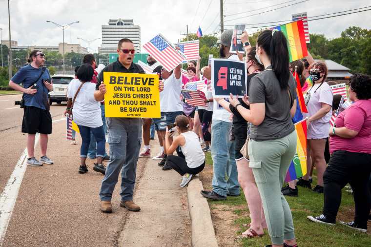Protesters and supporters of reproductive choice argue at the Abortion Freedom Fighters Rally, in Jackson, Miss., Oct. 2, 2021.
