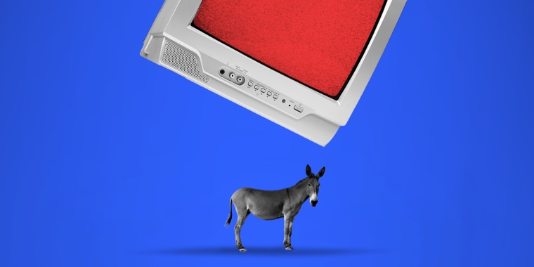 Photo illustration: A television set with a red screen looming over a donkey standing under it.