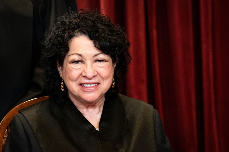 Associate Justice Sonia Sotomayor sits during a group photo of the Justices at the Supreme Court in on April 23, 2021.
