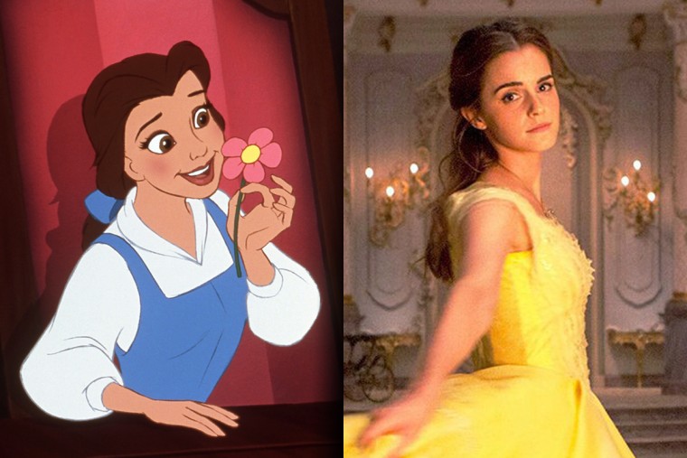 Belle in the animated version of "Beauty and the Beast" and Emma Watson as Belle.