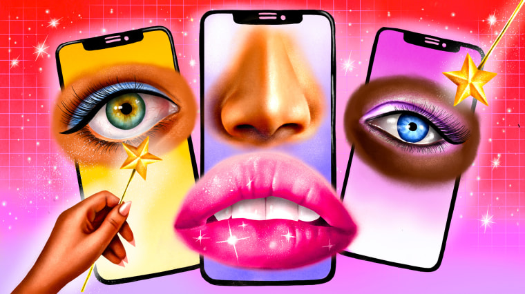 Illustration of phones showing eyes, lips and nose with a magic wand.