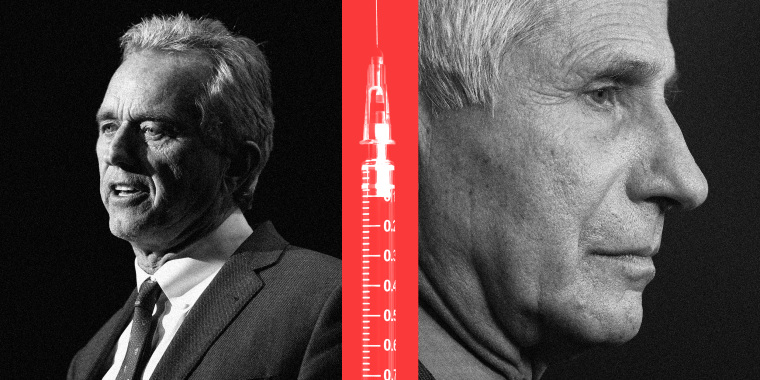 Photo illustration: A vaccine on a red strip between Robert Kennedy Jr. and Dr. Anthony Fauci.