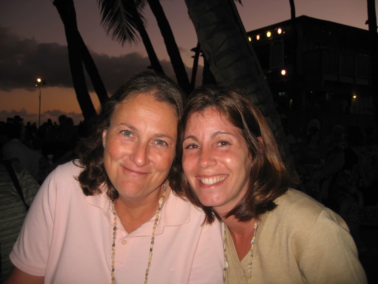 The writer's mother, Jill Karp (right), with her partner, Juli Mulcahy, in December 2008.