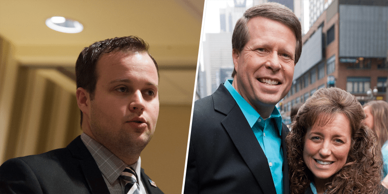 on the left, josh duggar speaks in a suit. on the right, jim bob and michelle duggar smile in NYC.