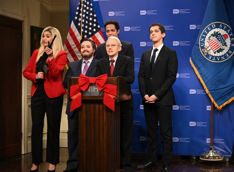 Cecily Strong as Marjorie Taylor Greene, Aidy Bryant as Ted Cruz, Pete Davidson as Andrew Cuomo, Kate McKinnon as Dr. Anthony Fauci, and Andrew Dismukes as Chris Cuomo during the Cold Open on Saturday, December 11, 2021.