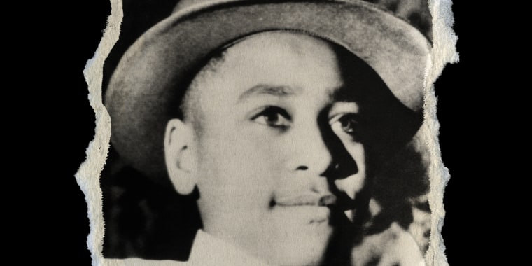 Photo illustration: A paper with torn edges shows an image of young Emmett Till.