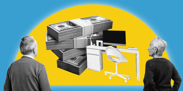 Illustration of an elderly man and woman looking at a rising sun with an office desk and stack of cash.