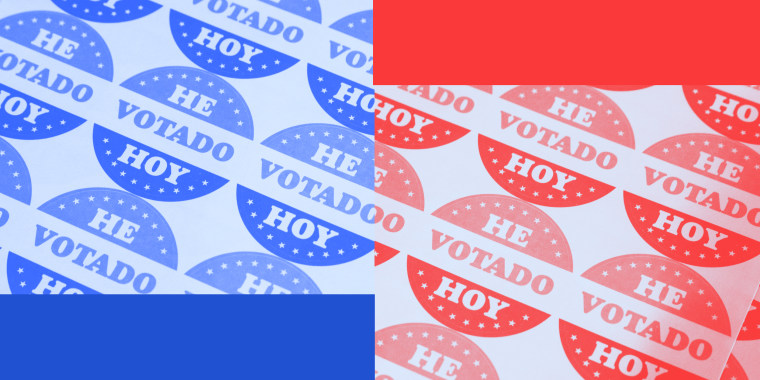 Photo illustration: Sheet of stickers that read,\"he votado hoy\" split into blue and red halves.