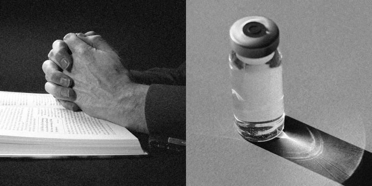 Images: A hand praying over a bible and a vaccine vial.
