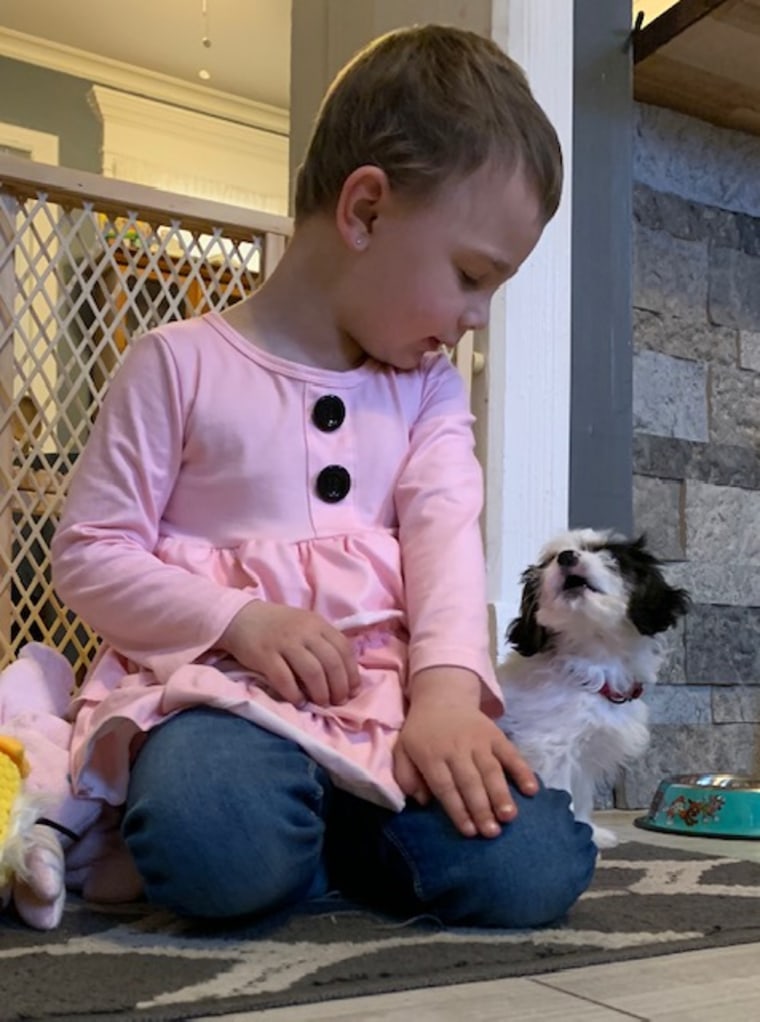 A child and her puppy gaze at one another.